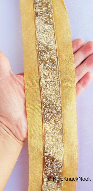 Beige Fabric Trim With Off White Seed Beads And Grey Bugle Beads Embellishments, Beaded Trim, Approx. 62mm